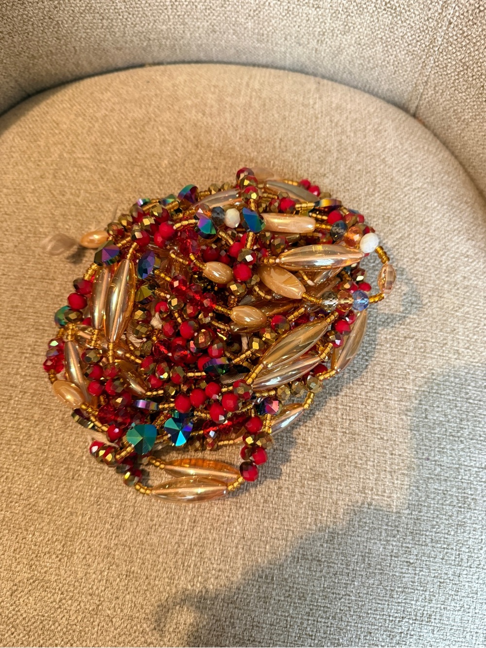 African Gold and Red Multi-Strand Beaded Necklace